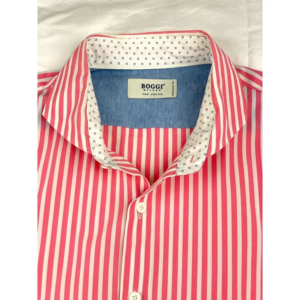 Boggi Milano Mens Pink White Striped Spread Collar Button Down New Classic Shirt